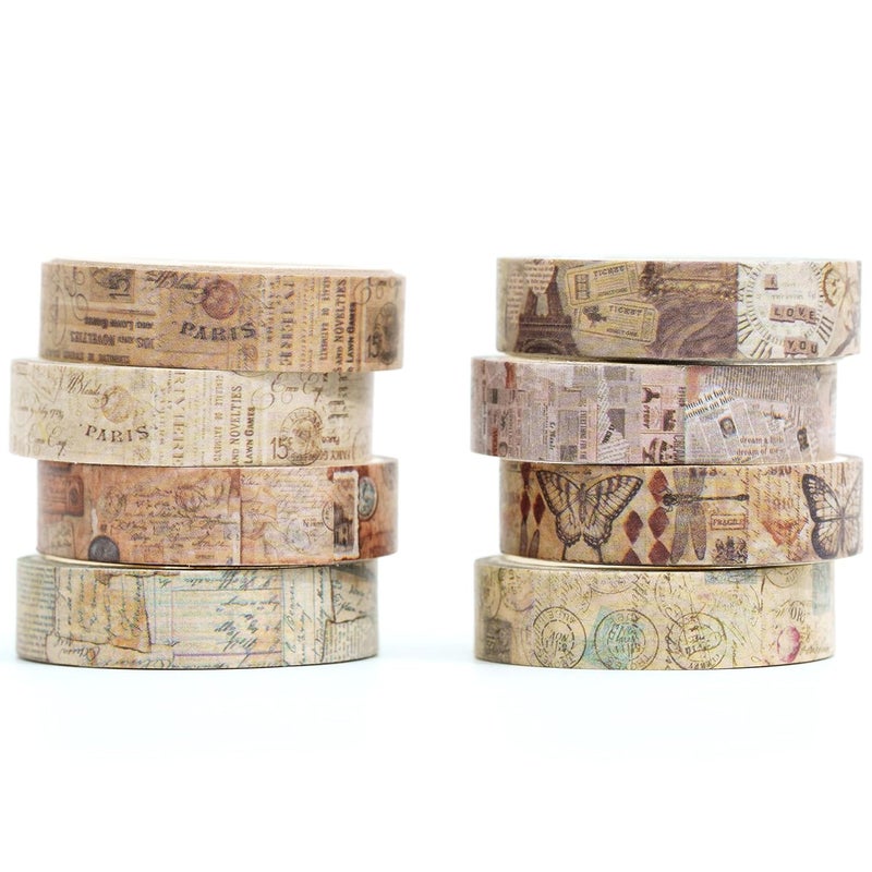 YUBX Vintage Washi Tape Set 8 Rolls Thin Retro Decorative Antique Patterns Masking Tapes for Arts, DIY Crafts, Journals, Planners, Scrapbook, Wrapping (Junk Books) - Image 1